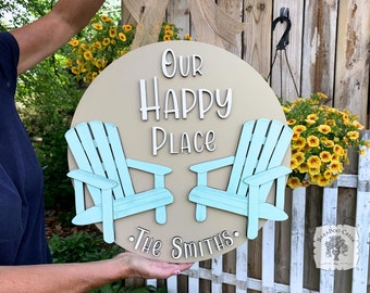 Personalized Door Sign Summer, Beach House, Lake House, Porch or Patio - Custom Wood Our Happy Place Sign Wall Hanging Decor with Name