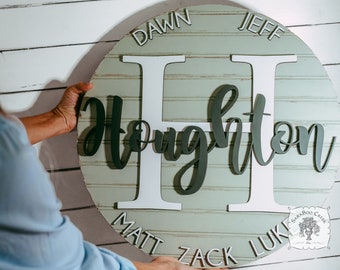 Custom Family Name Sign, Round Wood Initial, Farmhouse Wall Decor