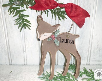Deer Ornament Fawn Ornament Personalized and Handmade of Wood; Sweet Girl or Baby Christmas Gift or Woodland Holiday Ornament