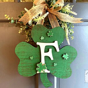 Shamrock Initial St Patrick's Day Door Sign - Handmade Wood Irish Decor with Custom Letter