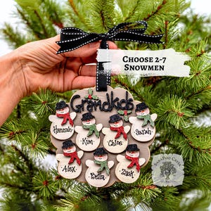 Grandkids Snowman Ornament - Personalized for 2 3 4 5 6 or 7 Grandchildren, Handmade Wood Christmas Gift for Grandma and Grandpa