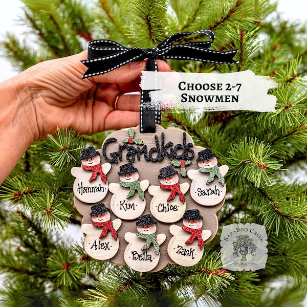 Grandkids Snowman Ornament - Personalized for 2 3 4 5 6 or 7 Grandchildren, Handmade Wood Christmas Gift for Grandma and Grandpa