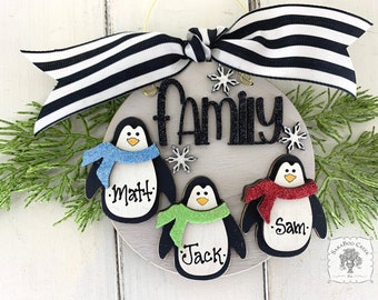 Penguin Ornament Family Ornament with 3 Penguins; Personalized Handmade Wood Christmas Gift for Family of Three, 3 Children or Grandkids