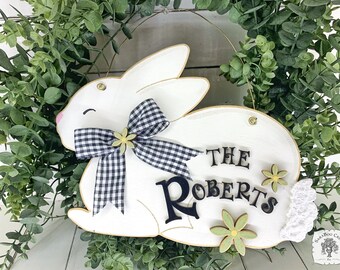Spring Front Door Sign • Personalized Bunny Rabbit Door Hanger• Easter Sign • Easter Decor • Bunny Flowers Plaque • Custom Name Easter Sign
