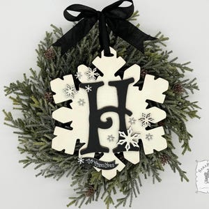 12&quot; Snowflake Door Hanger Sign Customized with Initial & Hand Personalized Banner - Handmade Wood Winter Decoration; Snowy Front Door Decor