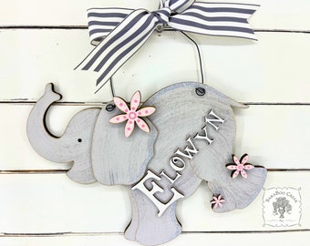 9" Personalized Elephant Sign for Safari Nursery Decor, Baby Nursery Girl's Room Name Sign, Wall or Door Hanger Elephant Baby Shower Gift