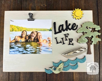 Lake Life Picture Frame - Lake House Gift for Lake Living Decor, Handmade 3D Wood Tabletop Photo Frame to Cherish Lake Memories