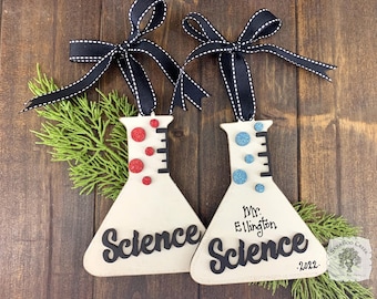Science Ornament - Science Teacher Appreciation Gifts - Personalized Wood Flask Ornament for Scientist, Chemistry Teacher or Science Lover