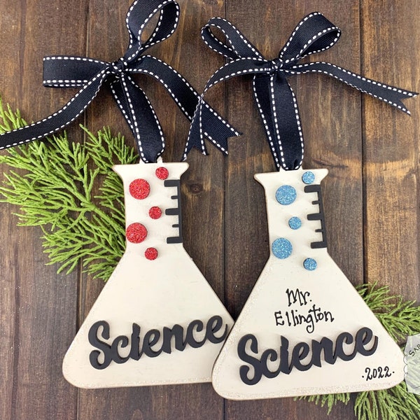 Science Ornament - Science Teacher Appreciation Gifts - Personalized Wood Flask Ornament for Scientist, Chemistry Teacher or Science Lover