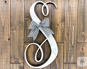 Initial Wall Art or Front Door Letter - Handmade Wood Monogram Letter in Fun Cursive Font; Tie into Your Wreath, Fits any Decor or Season