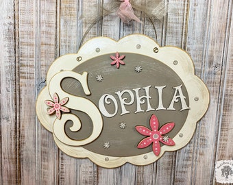 Baby Name Sign with Flowers - Handmade Wood Floral Nursery Decor; Girls Room Personalized Sign w/ 3D Flowers