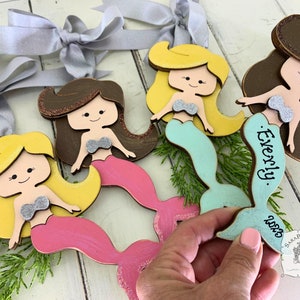 Mermaid Ornament Personalized Little Girl Ornament - Cute Handmade Wood Mermaid Christmas Ornament for Brunette or Blonde Toddler Girl Gift