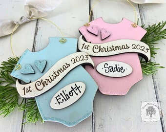 Onesie Babys First Christmas Ornament 2023 - Personalized Baby's 1st Christmas Gift; Wood Ornament for Baby Girl or Baby Boy, Pink or Blue