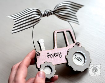 Personalized Pink Tractor Ornament - Farm Christmas Ornament for Little Girl, Mom or Grandma; Handmade Wood Farm Nursery Decor Baby Girl