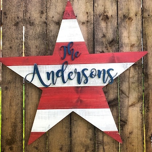 Patriotic Star Flag Door Hanger, Americana Personalized Front Door Sign, Custom Rustic ship lap style Wood Handcrafted