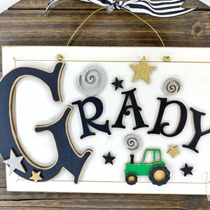 Name Sign with Tractor - Handmade Boys Room Door Plaque Personalized with 3D Wood Tractor; Last Name Sign for Farm Family Front Door Hanger