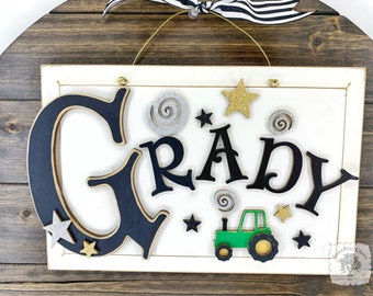 Name Sign with Tractor - Handmade Boys Room Door Plaque Personalized with 3D Wood Tractor; Last Name Sign for Farm Family Front Door Hanger