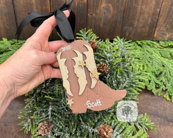 Personalized Cowboy Boots Ornament; Handmade Wood Pair of Brown Western Boots with Gold Stars