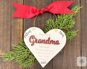 Personalized Grandma Christmas Ornament -Handmade Wood Partner in Crime Grandma Heart Ornament; Grandmother Birthday Gift w/ Grandkids names