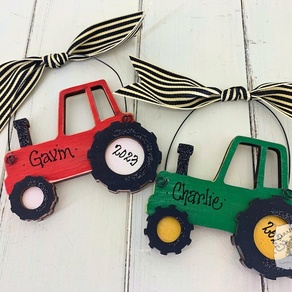Tractor Ornament, Personalized Christmas Ornament for Boy, Dad, Grandpa or Farmer, Handmade Wood Red or Deere Green Tractor, Farm Decor
