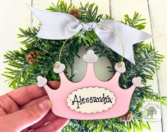 Princess Crown Personalized Ornament - Handmade Wood Little Girl Christmas Gift; Pink Tiara with Personalizable Tag Stocking Stuffer