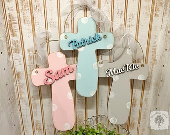 Cross for Baby Boy or Girl, Religious Gifts New Baby, Wall Cross Personalized, Baptism Gift Boy or Girl, Custom Wood Cross Pink Blue or Gray