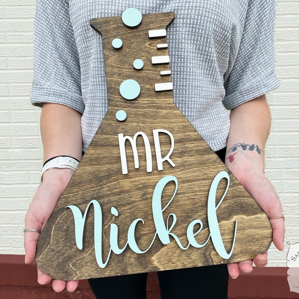Science Teacher Sign for Science Classroom Door Decor - Personalized Chemistry or Biology Teacher Appreciation Gift - 15" Wood Beaker Flask