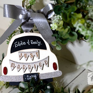 Just Married Car Wedding Ornament Personalized; Our First Christmas Married Ornament 2025; Custom Handmade Wood Couples Gift for Newlyweds