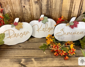 Personalized Pumpkin Decoration for Autumn Tiered Tray Decor, Fall Mantle or Thanksgiving Table - Wooden Rustic Pumpkin with Engraved Name