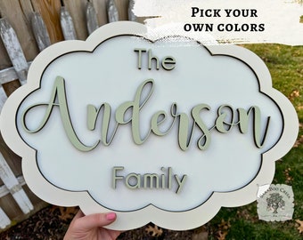 Family Last Name Sign Custom Wood Wall Decor or Front Door Hanger, Personalized Layered Oval Sign with Choice of Last Name, Family Gift