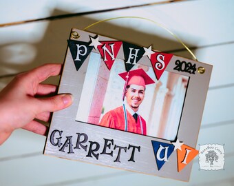 Custom Graduation Frame 2024 Grad Gift - Colors/Schools Personalized for High School leaving & College entering; Hanging Wood Picture Frame