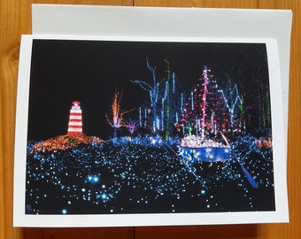 Christmas Lighthouse and Boat Boothbay Botanical Gardens 5" x 7" greeting card