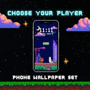 Può includere: Un set di sfondi per telefono pixelati con uno sfondo di cielo notturno, uno skyline cittadino, un pollo e un gabbiano, e il testo "Scegli il tuo giocatore" e "Set di sfondi per telefono".