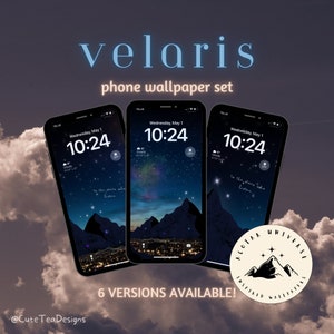 Puede incluir: Un conjunto de seis fondos de pantalla para teléfono que presentan un cielo nocturno azul oscuro con estrellas, montañas y un horizonte urbano. El texto "to the stars who listen" es visible en la pantalla del teléfono. El texto "velaris phone wallpaper set" está en la parte superior de la imagen. El texto "6 versiones disponibles!" está en la parte inferior de la imagen. La imagen también incluye un logotipo con el texto "ACOTA UNIVERSE INSPIRED WALLPAPERS".