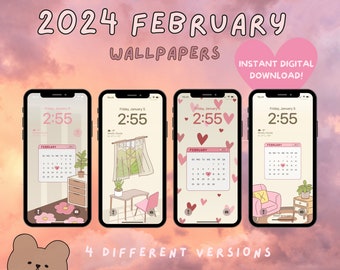 2024 February iPhone Wallpaper Bundle | Cute iPhone Wallpaper, Valentine's Day Wallpaper, Kawaii Heart Wallpaper (DIGITAL DOWNLOAD) 4PCS