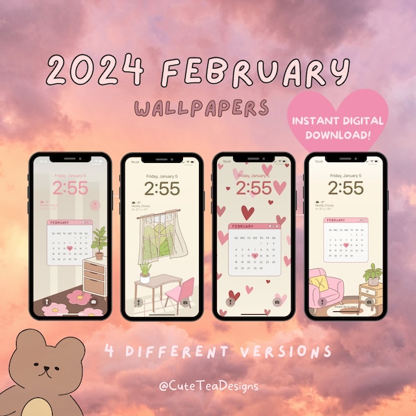 2024 February iPhone Wallpaper Bundle | Cute iPhone Wallpaper, Valentine's Day Wallpaper, Kawaii Heart Wallpaper (DIGITAL DOWNLOAD) 4PCS