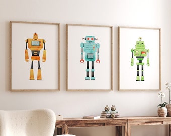 Robot Wall Art, Robot Printable, Set Of 3 Prints, Nursery Print, Playroom Decor, Boys Room Print, Robot Nursery Poster, Kids Room Decor Art