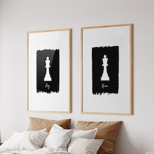 Stampa King Queen, stampabile a scacchi, stampa a scacchi, regalo di anniversario, set di 2, stampa sopra il letto, arredamento del soggiorno, regalo di famiglia, arte della parete moderna