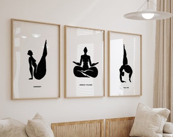 Yoga Wall Art Set Of 3 Prints, Yoga Decoration, Woman Body Print, Minimalist Print, Black And White Art, Yoga Quote Print, Yoga Printable