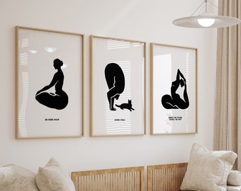 Set Of 3 Yoga Poses Prints, Yoga Wall Art, Yoga Printable Set, Black And White Prints, Home Yoga Art, Meditation Prints, Yoga Studio Decor