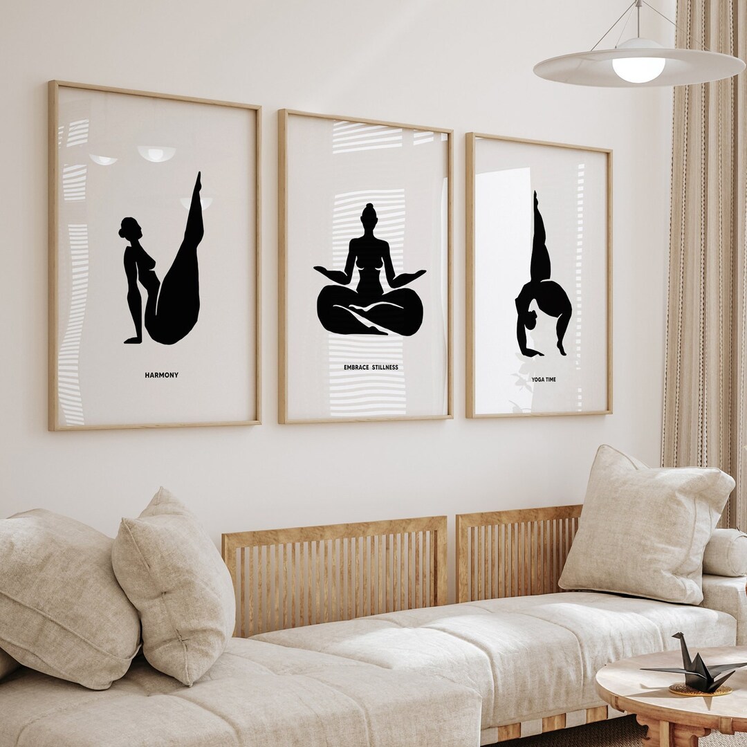 Yoga Wall Art Set of 3 Prints, Yoga Decoration, Woman Body Print, Minimalist Print, Black and