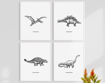 Dinosaur Print Set of 4 Prints, Dinosaur Wall Art, Dinosaur Printable, Kids Room Decor, Dinosaur Poster, Boys Room Wall Art, Digital Prints