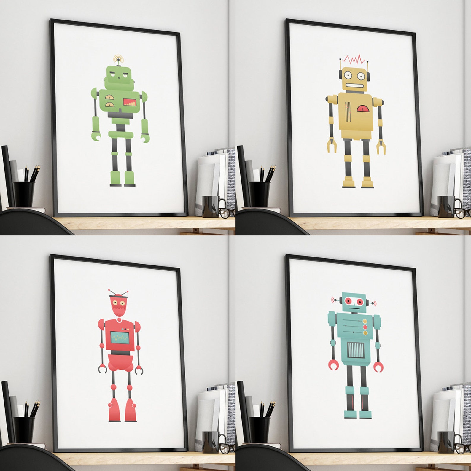 Kids Robot Art Robot Room Decor Robots Wall Art Set of 4 Etsy