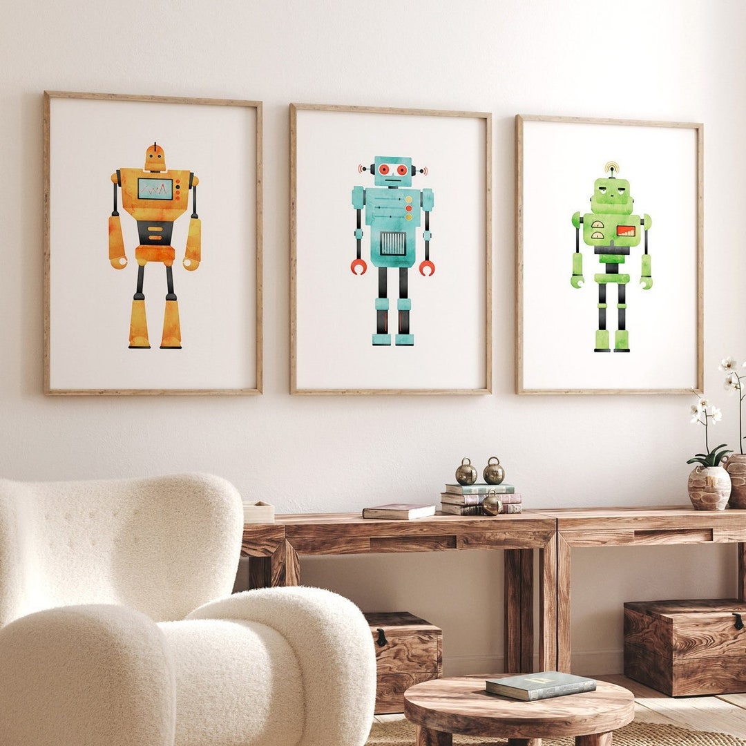 Robot Wall Art, Robot Printable, Set of 3 Prints, Nursery Print