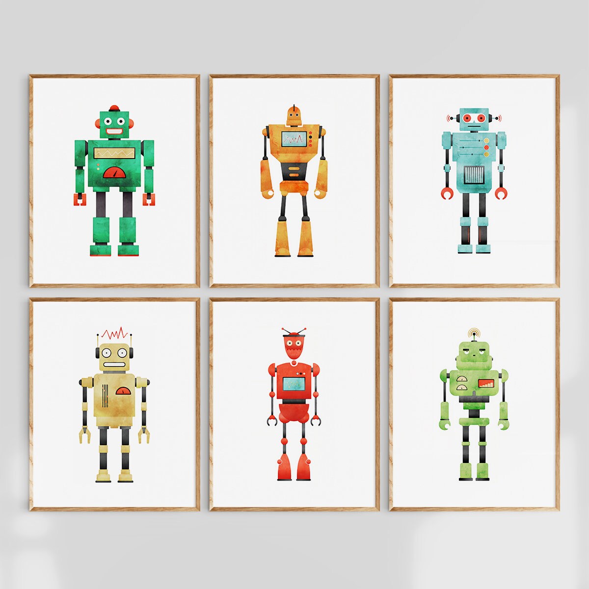 Robot Wall Art Robot Printable Set Of 6 Prints Boys Room Etsy
