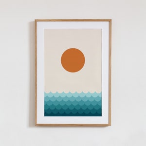 Cartel del amanecer, arte del paisaje abstracto, impresión de las olas del océano, impresión abstracta del arte del sol, decoración de la pared del sol boho, impresión del atardecer, arte de pared imprimible