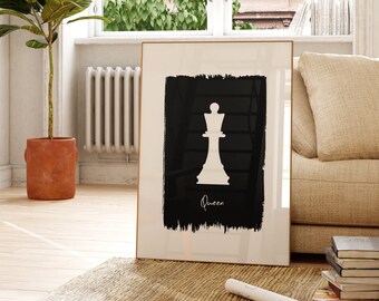 Queen Print, The Queens Gambit Printable, Chess Queen Art, Valentines Day Gift, Bedroom Poster Art, Gift For Her, Minimalist Chess Art, B&W