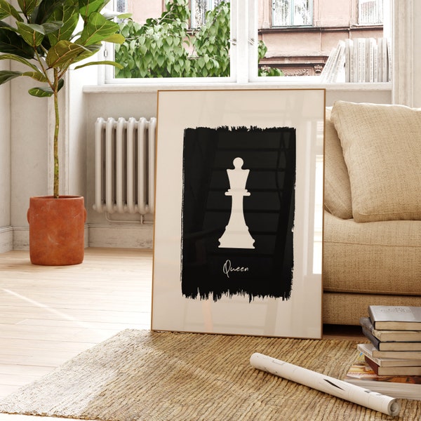 Queen Print, The Queens Gambit Printable, Chess Queen Art, Valentines Day Gift, Bedroom Poster Art, Gift For Her, Minimalist Chess Art, B&W