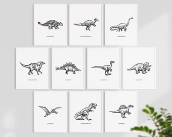 Dinosaur Print, Dinosaur Wall Art Set of 10 Prints, Dinosaur Poster, Boys Room Wall Art, Kids Room Decor, Dinosaur Nursery Prints, Digital