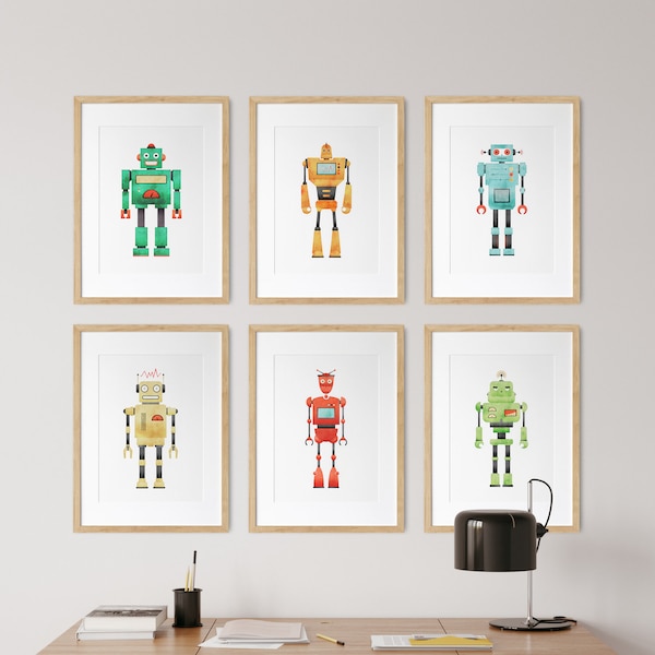 Robot Wall Art, Robot Printable, Set Of 6 Prints, Boys Room Print, Playroom Wall Decor, Robot Nursery Print, Robot Poster, Digital Download